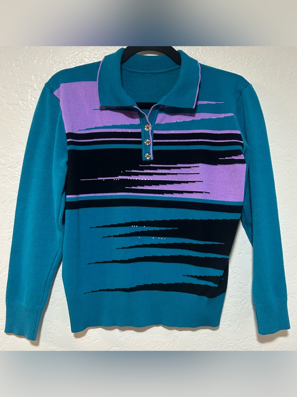 Teal & Purple Collared Sweater - Retro Stripe Design with Rhinestones